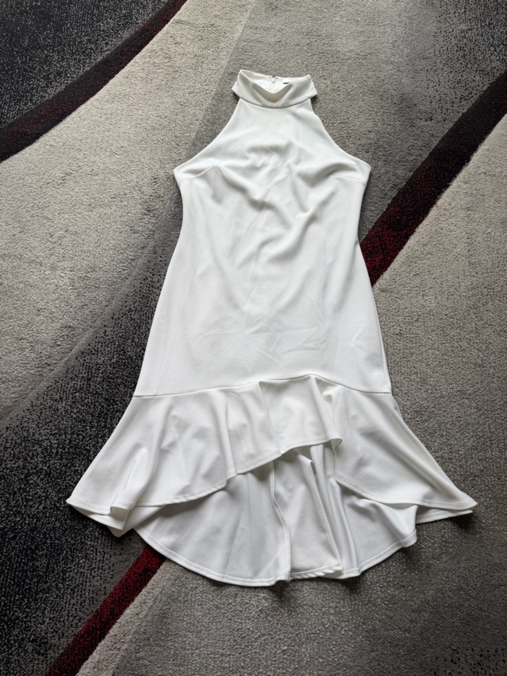 H Halston White Halter Neck Flounce Hem MIDI Dress